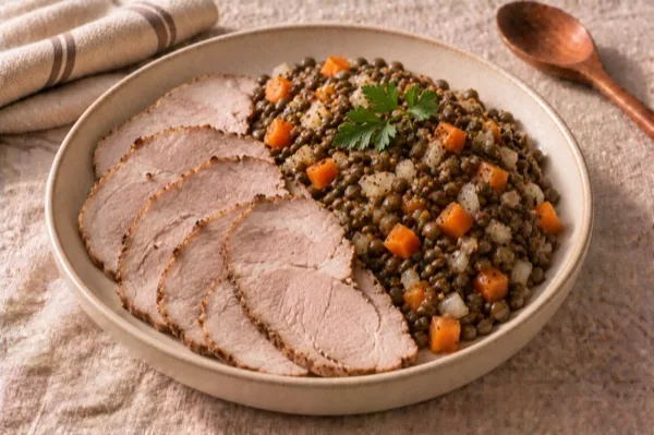 Rôti de porc froid et lentilles vertes